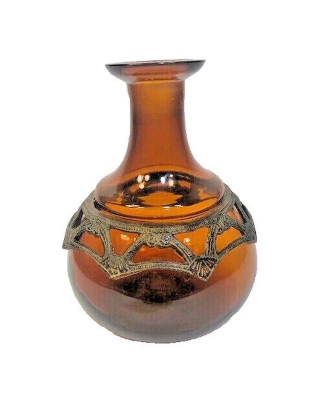 Amber Colored Vase Skinny Neck Round Bottom w Iron Accent Ring 7